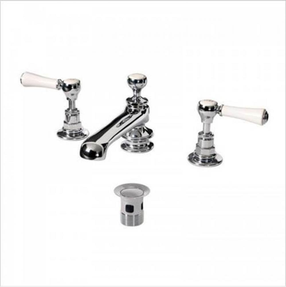 Three hole deck mounted basin mixer and waste kit. Features rod operated pop up slotted waste.