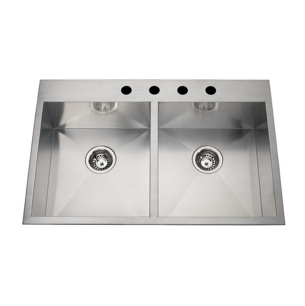 20 gauge hand fabricated dual mount double bowl ledgeback sink, 3 faucet holes