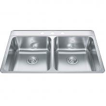 Kindred Canada CDLA3322-8-3CB - Creemore 33-in LR x 22-in FB Drop In Double Bowl 3-Hole Stainless Steel Kitchen Sink