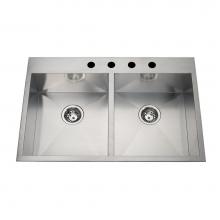 Kindred Canada QDLF2233/8-3 - 20 gauge hand fabricated dual mount double bowl ledgeback sink, 3 faucet holes