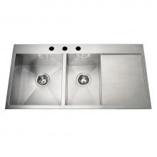 Kindred Canada QCLF2039DBR/8-3 - 20 gauge hand fabricated dual mount two bowl ledgeback drainerboard sink, small bowl right, 3 fauc